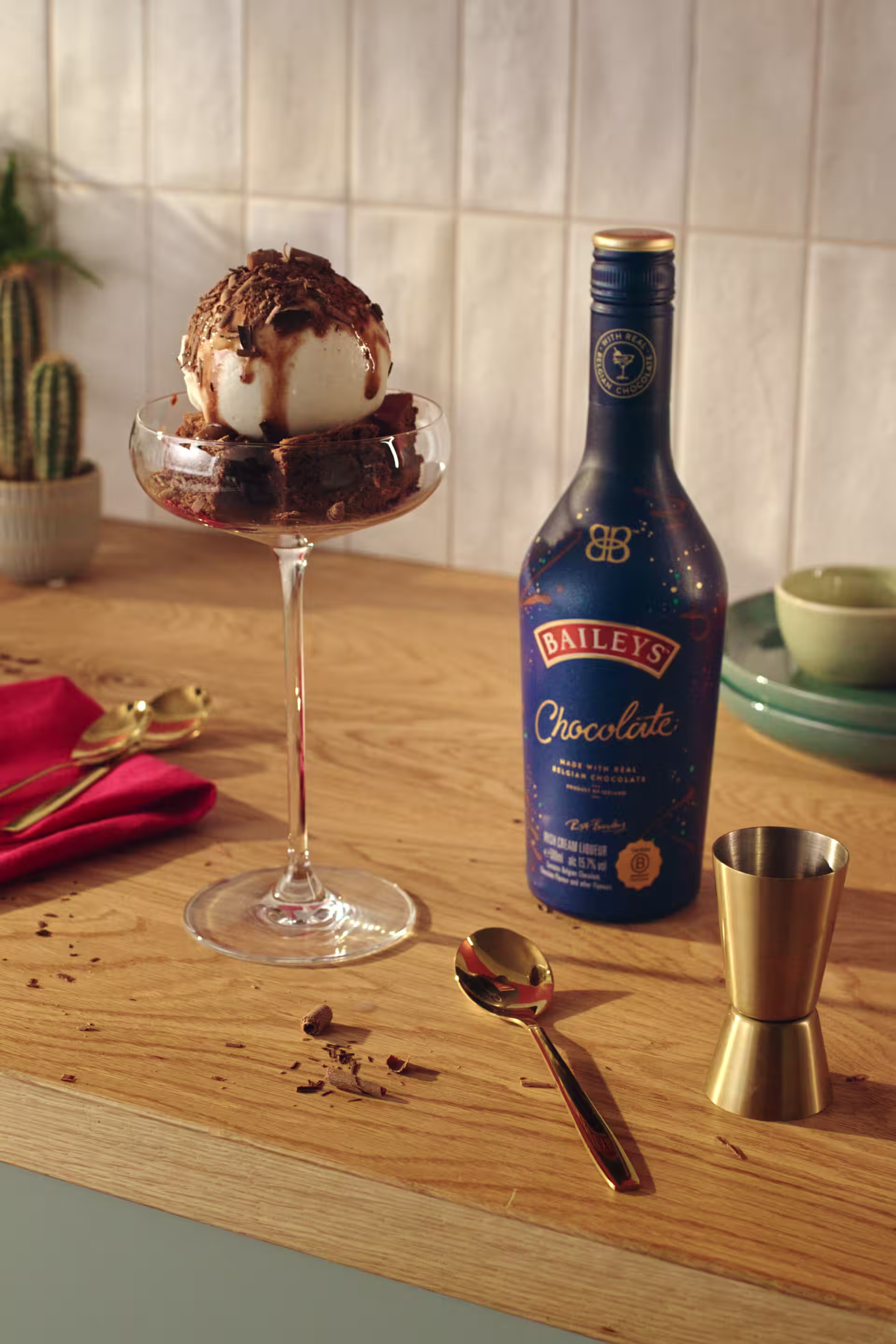Baileys Chocolate next a brownie sundae in a cocktail glass 